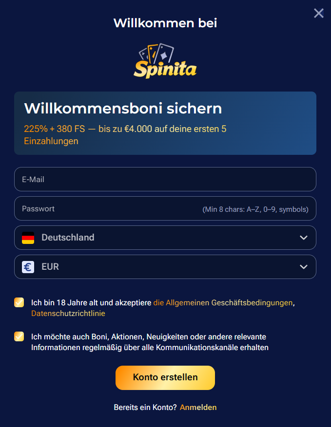 Spinita Registrierung Deutschland